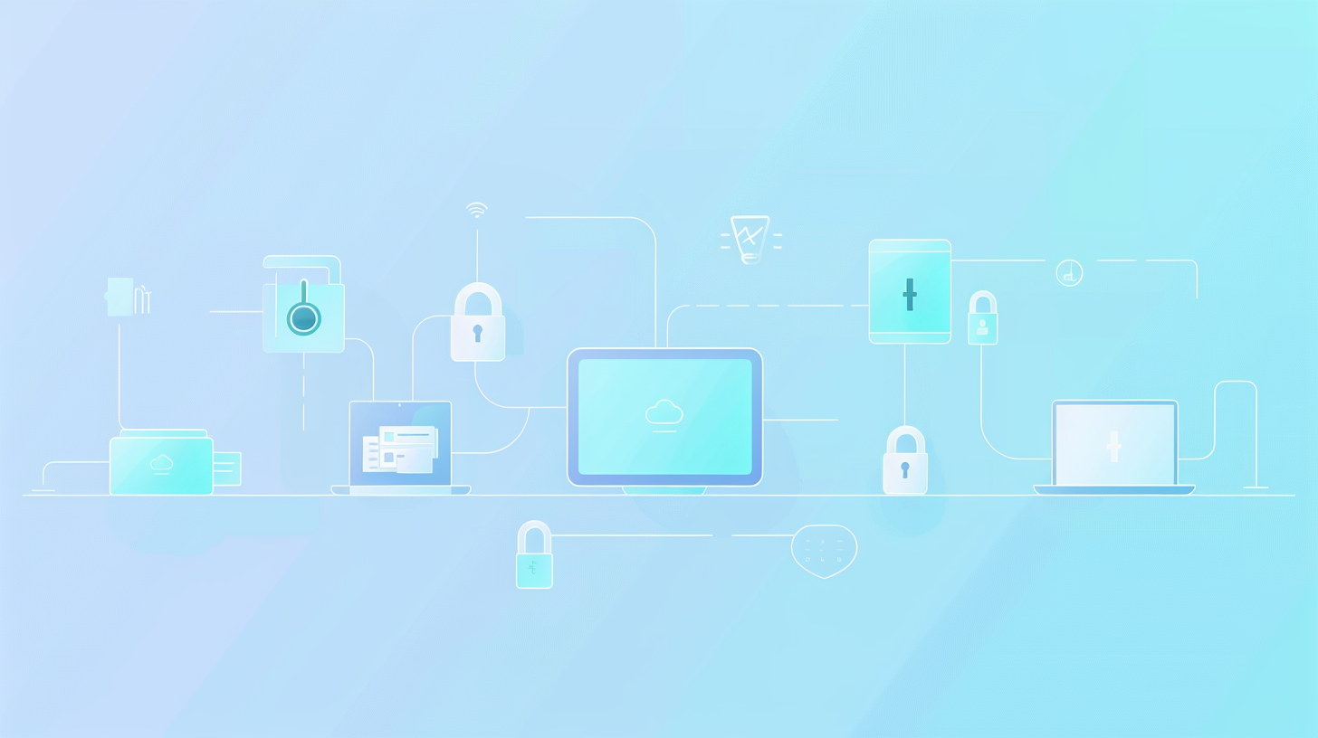 Illustration of secure data flow, connected devices, locked icons.