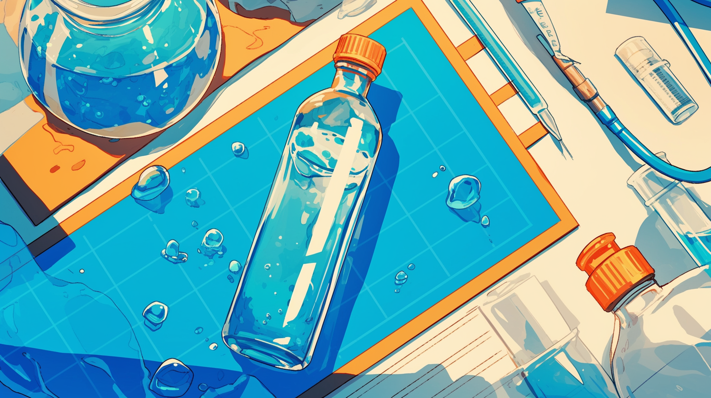 Illustration of water bottle, salt bag on table.