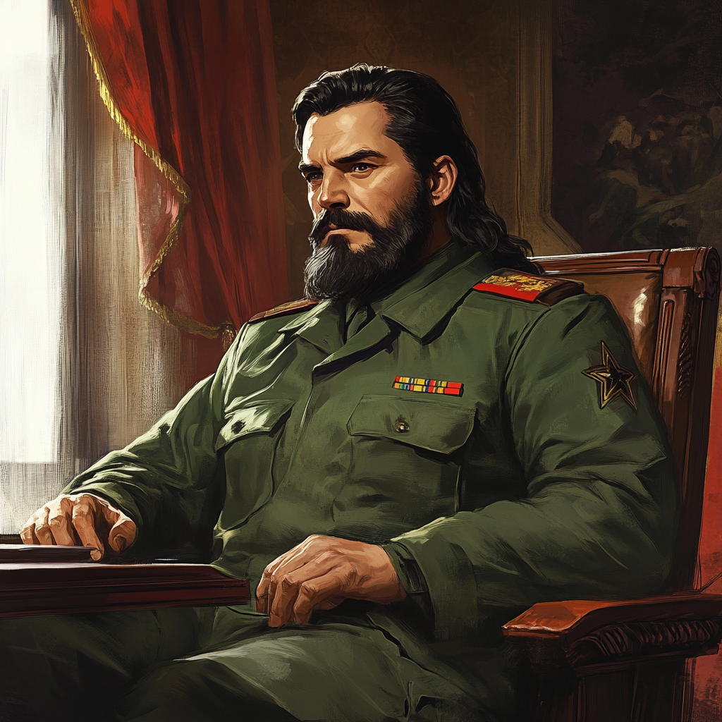 Illustration of young communist dictator in green army fatigues.