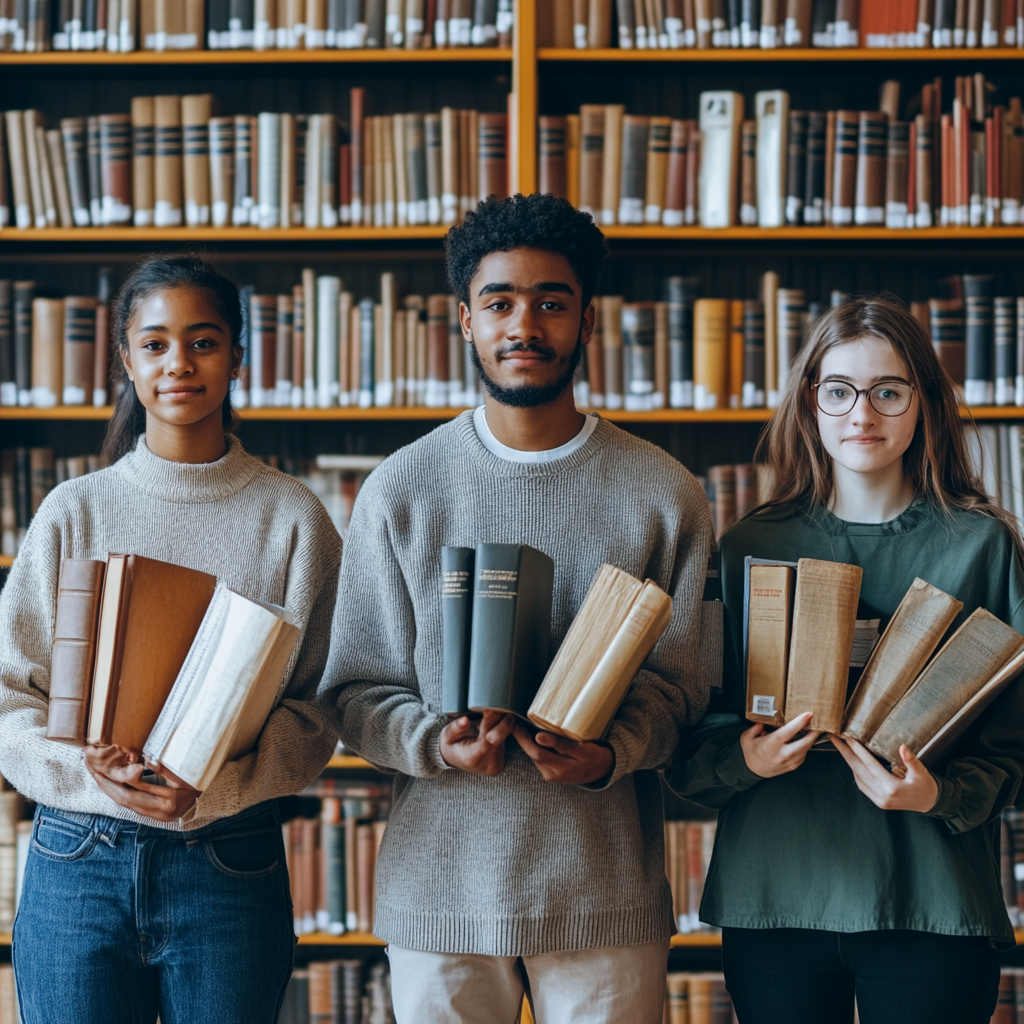 Image of 3 students in library holding books