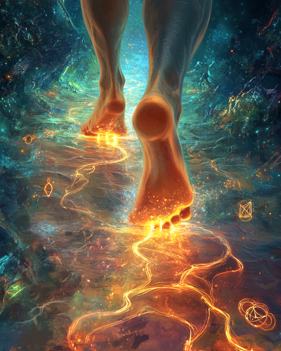 Image of Odú with glowing feet on mystical path.