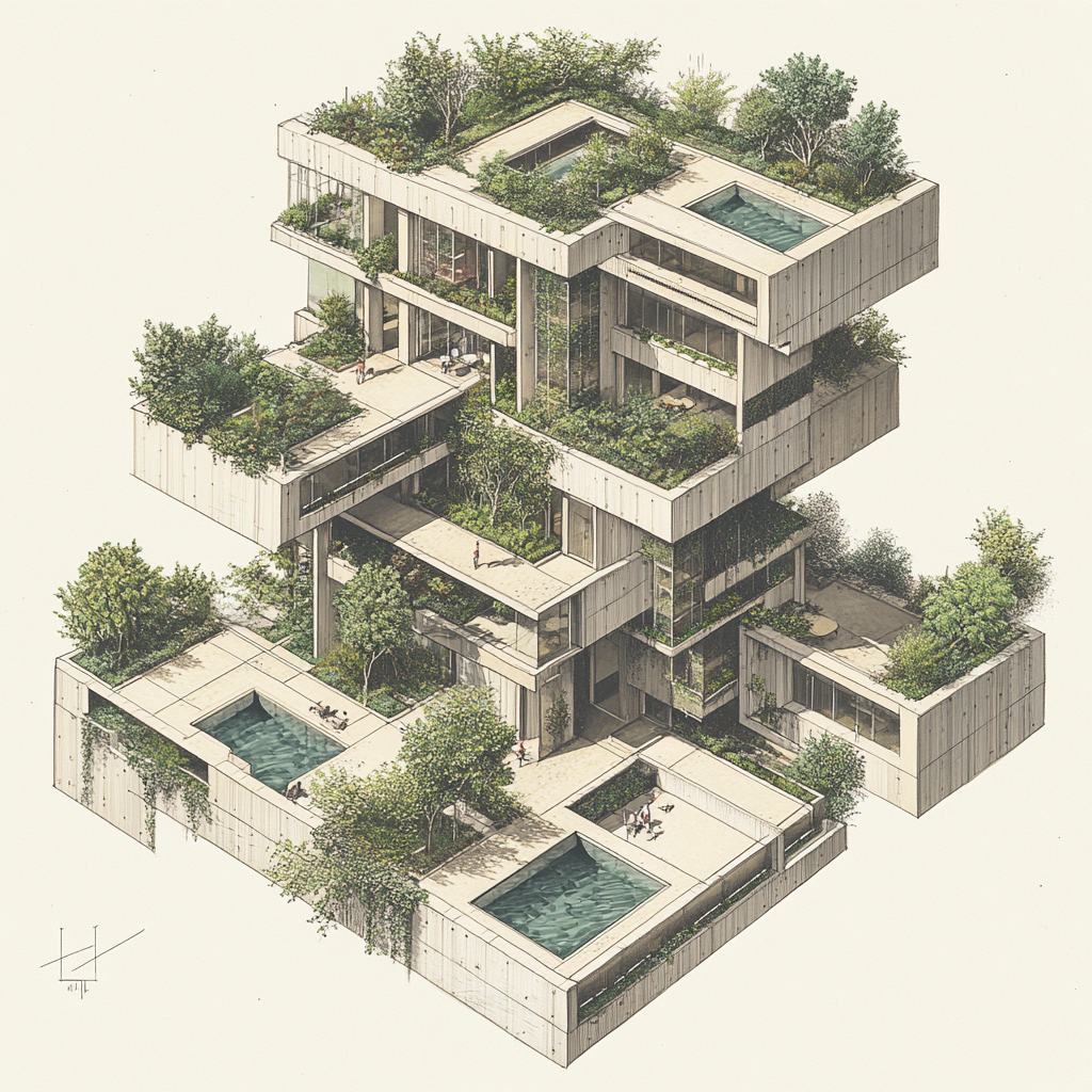 Image of building with plants on walls, multiple floors.