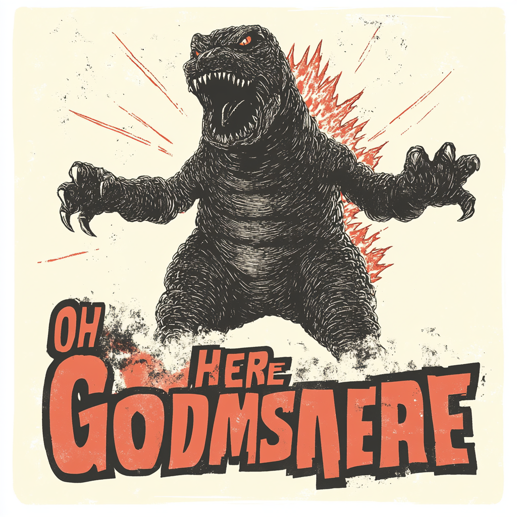 Image: Vintage-style 'Oh no, here comes Godzilla' movie poster.