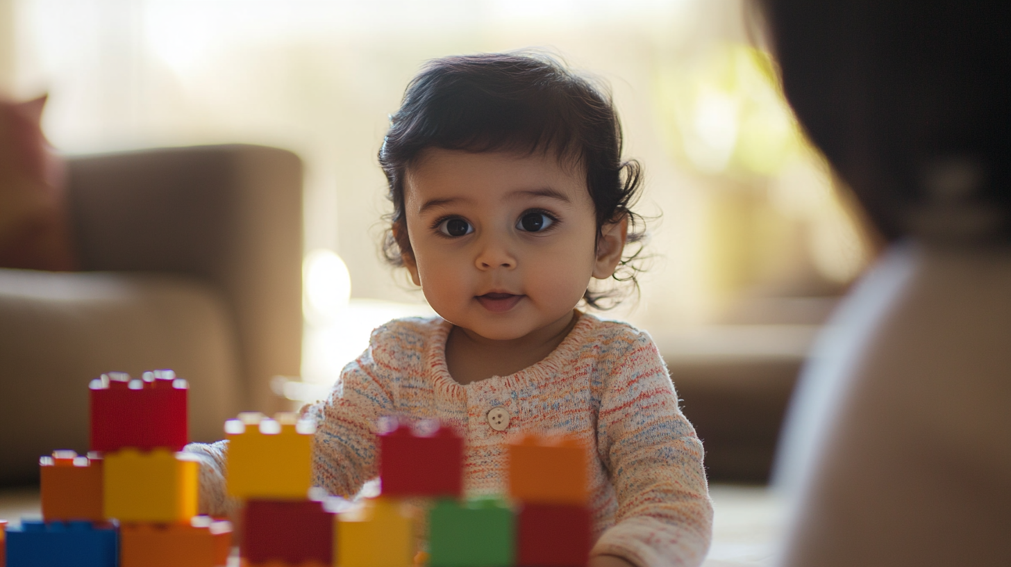 Indian baby playing, mother watching, high key lighting.