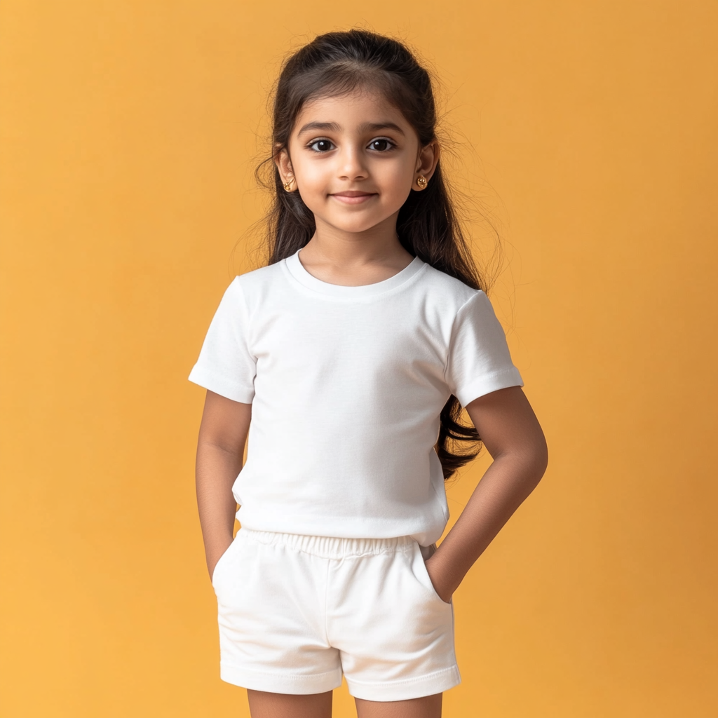 Indian girl in white outfit with smooth hair standing