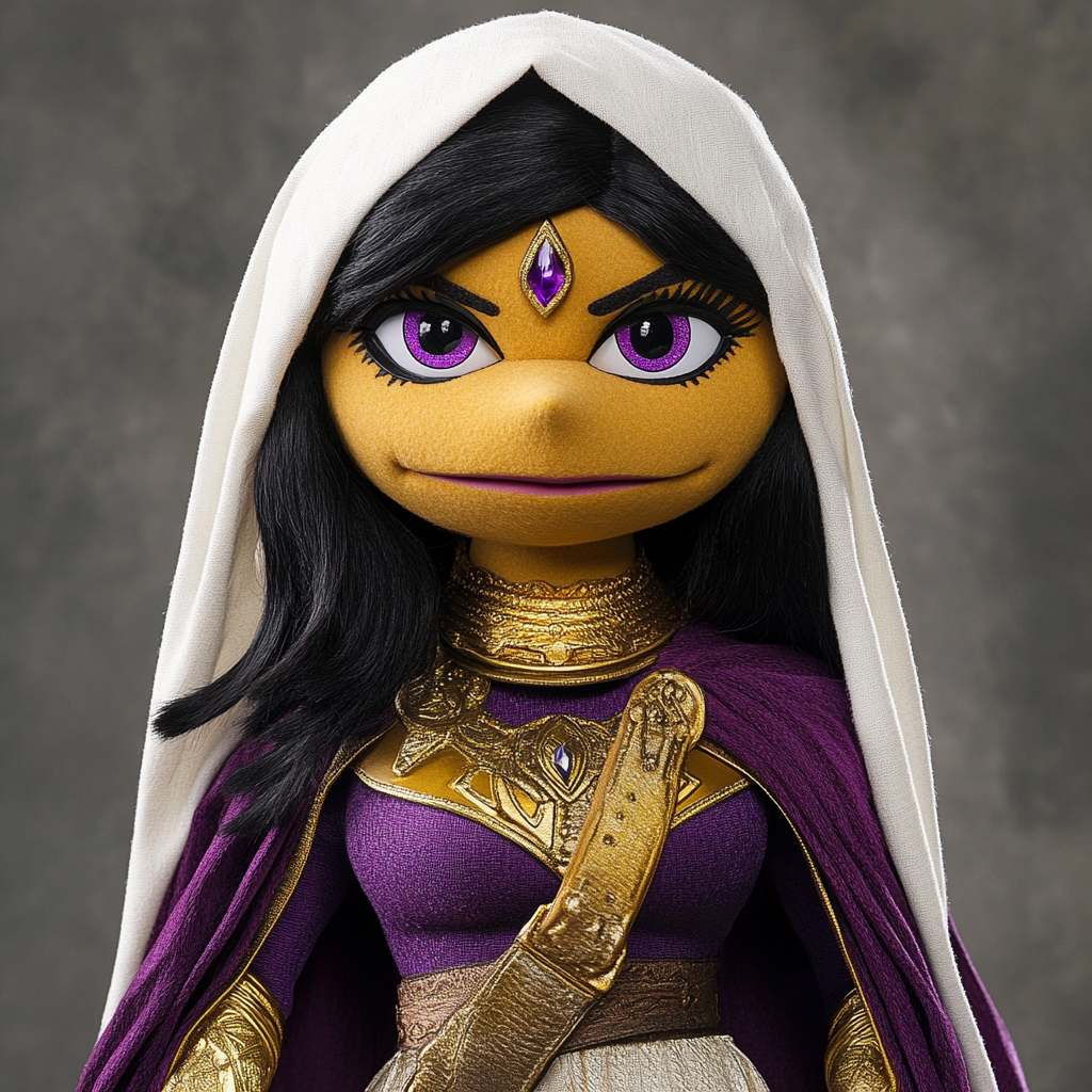 Indian woman puppet in purple superhero costume with cape.