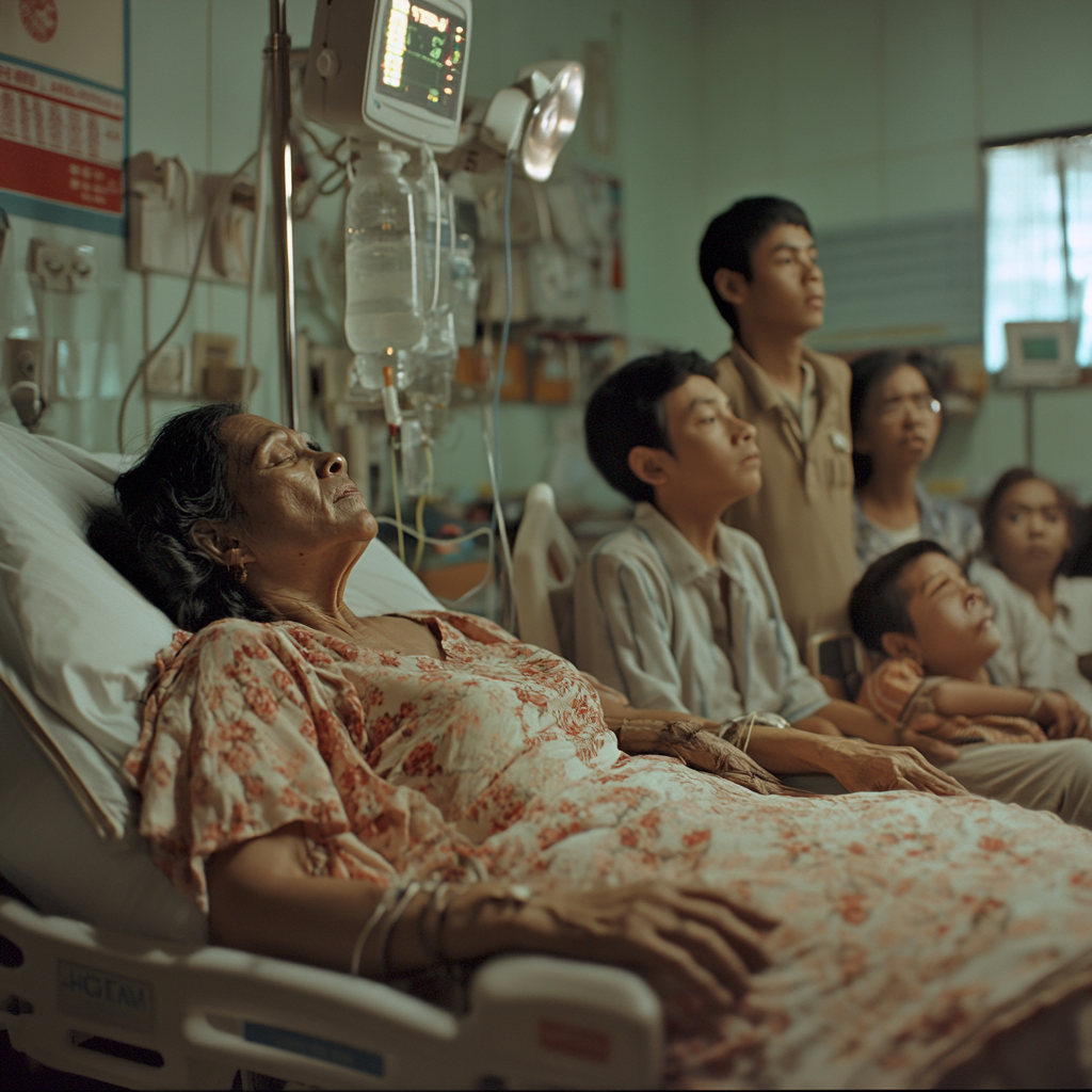 Indonesian lady on deathbed reaching out to sky.