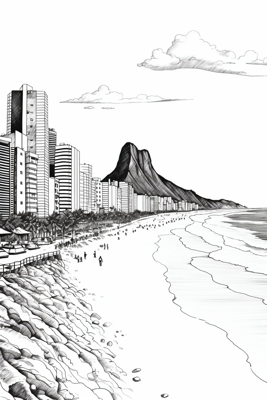 Ink drawing of Copacabana beach in Rio. Architecture.