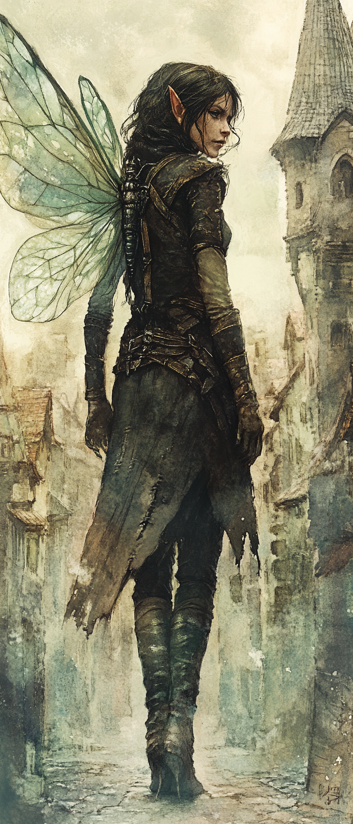 Insect-winged tinker in leather armor, eerie medieval city.