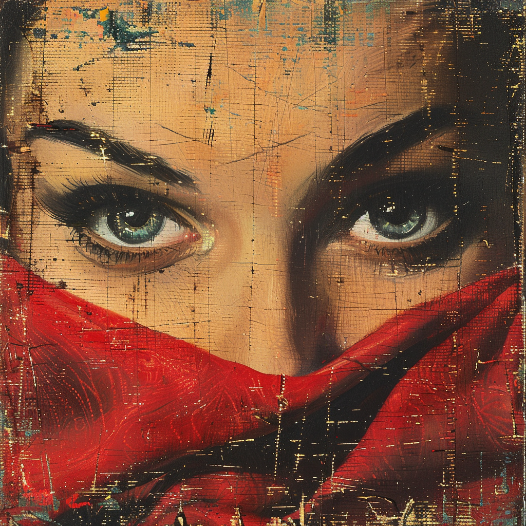 Intense character portrait with red cloth mouth mask.