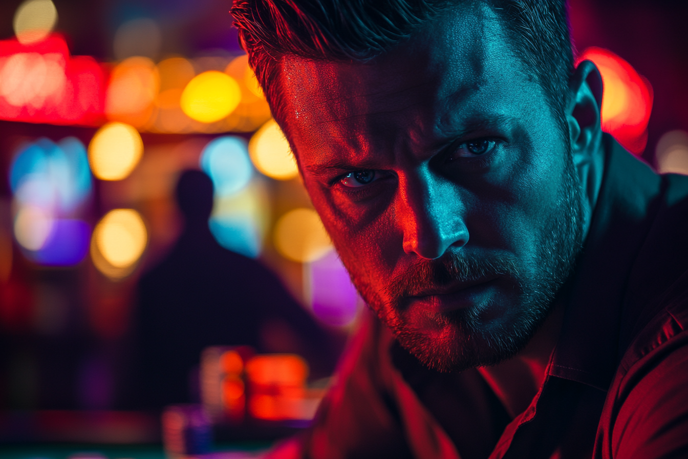 Intense man in casino, shadowy figure at poker table.