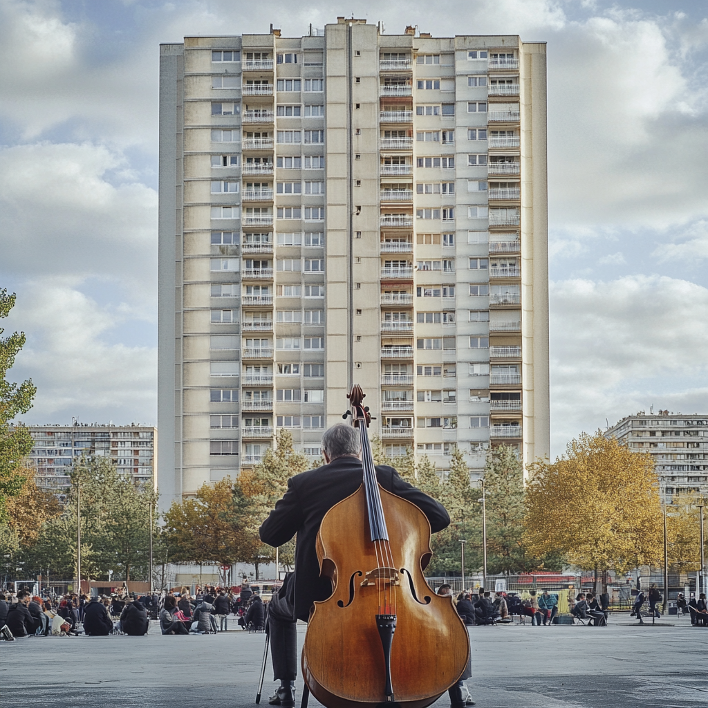 Intense portrait du chef d'orchestre avec immeuble flou.