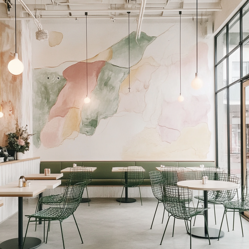 Interior photo of modern restaurant with wire chairs, art wall.