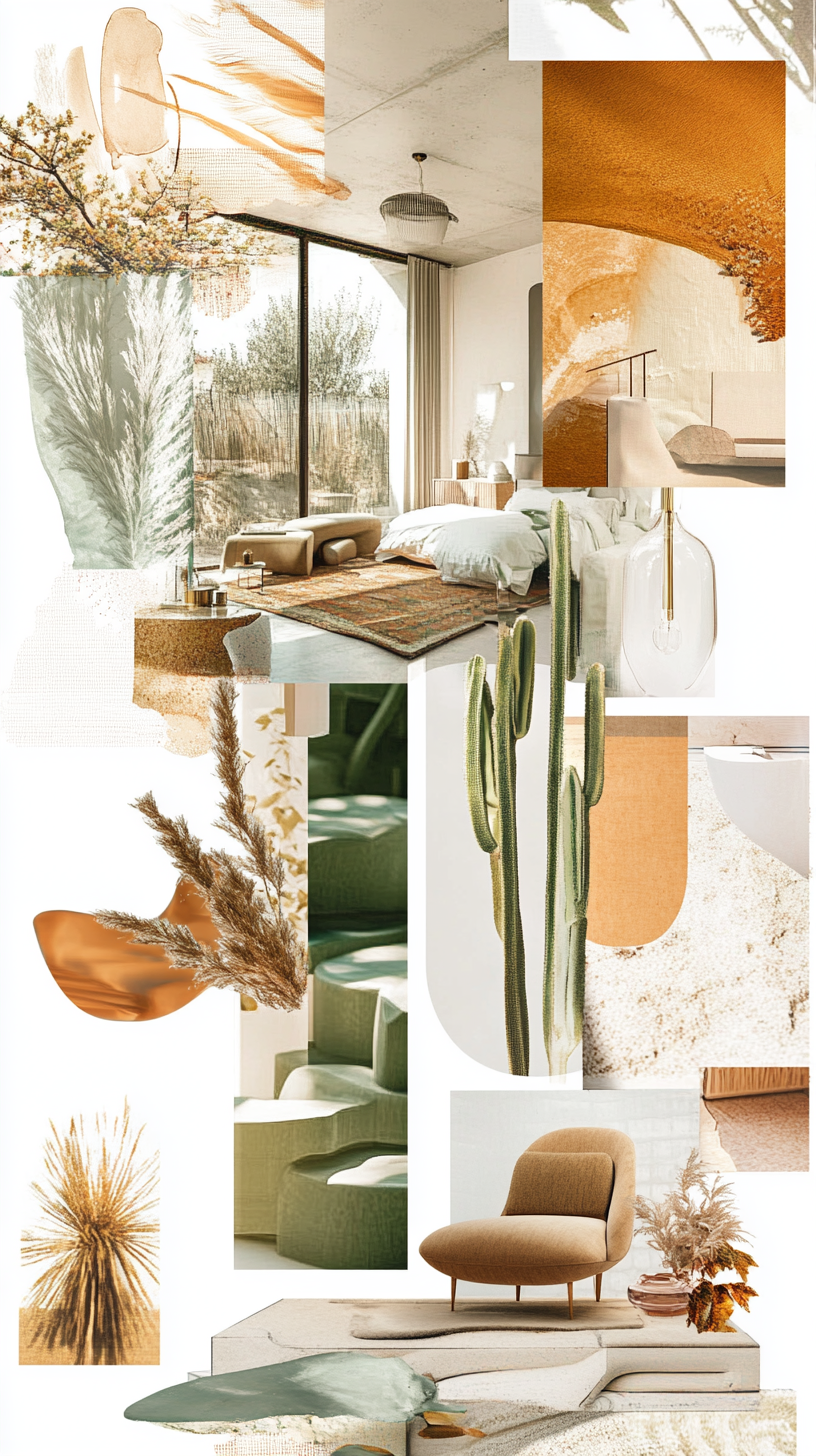 Interiors and decor moodboard with warm tones, boho style.