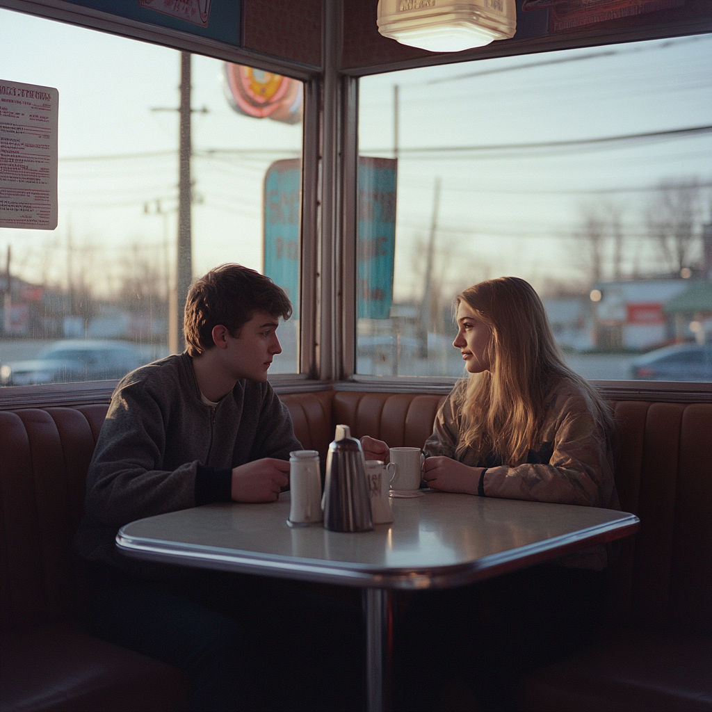 Intimate moment at classic diner, nostalgic 80s vibe