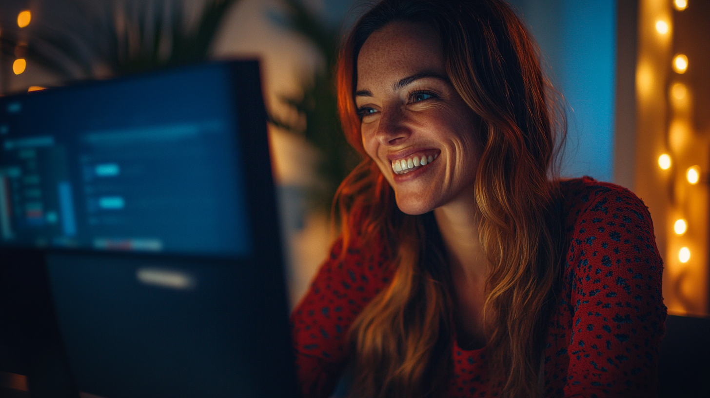 Irish woman smiling at computer, engaging with virtual community.