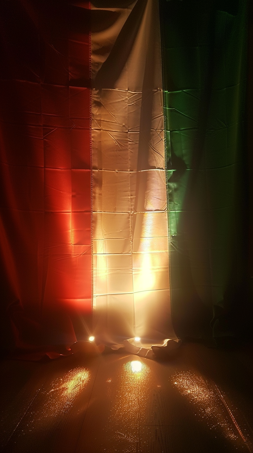 Italian flag illuminated, glittering, realistic. Occupying whole picture.