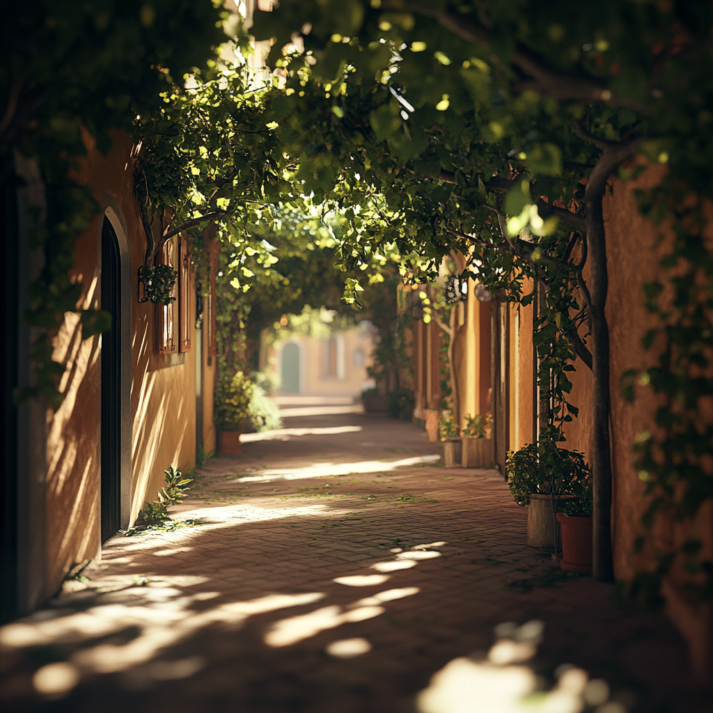 Italian street with tree shadows, pizza growing, soft lighting.