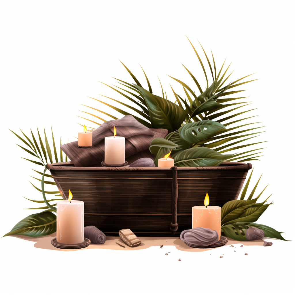 Jacuzzi illustration with palm leafs and candles