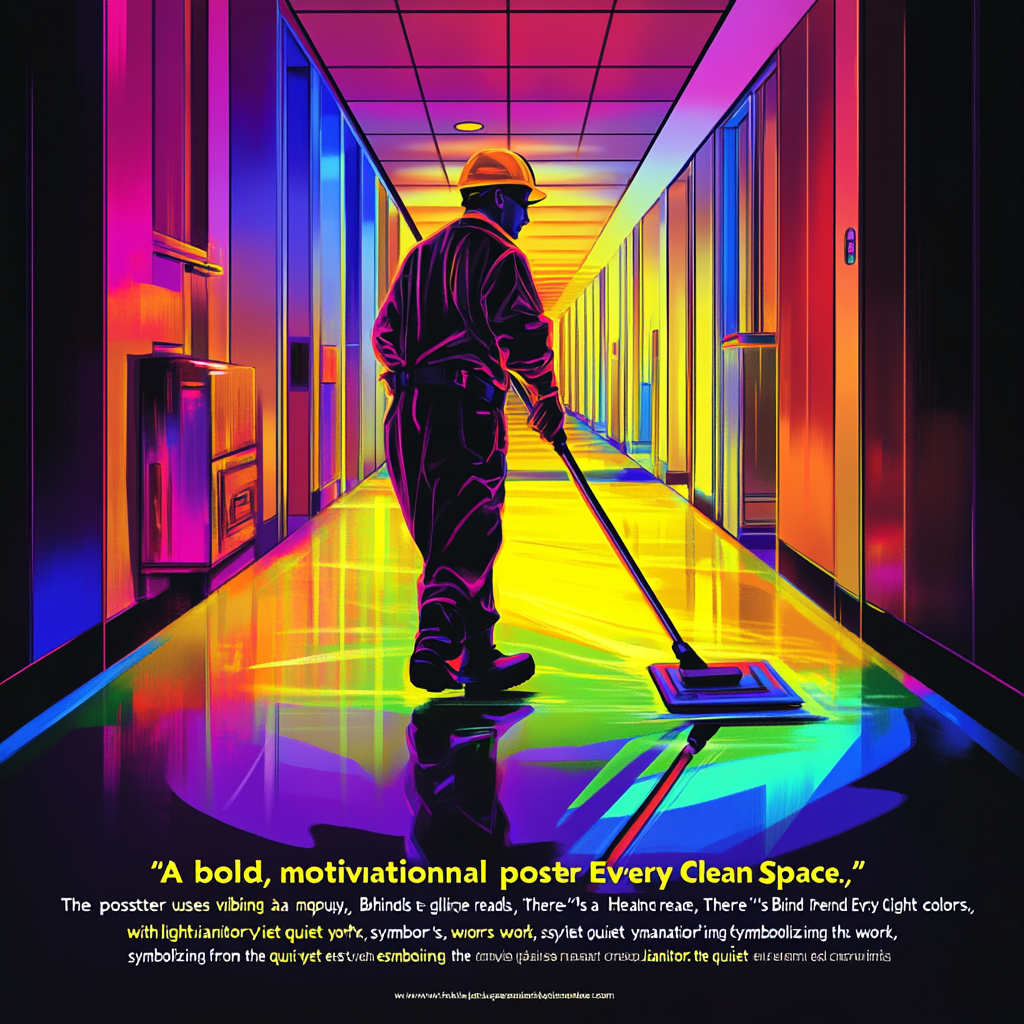 Janitor pushing mop in glowing hallway, 'Hero' tagline.