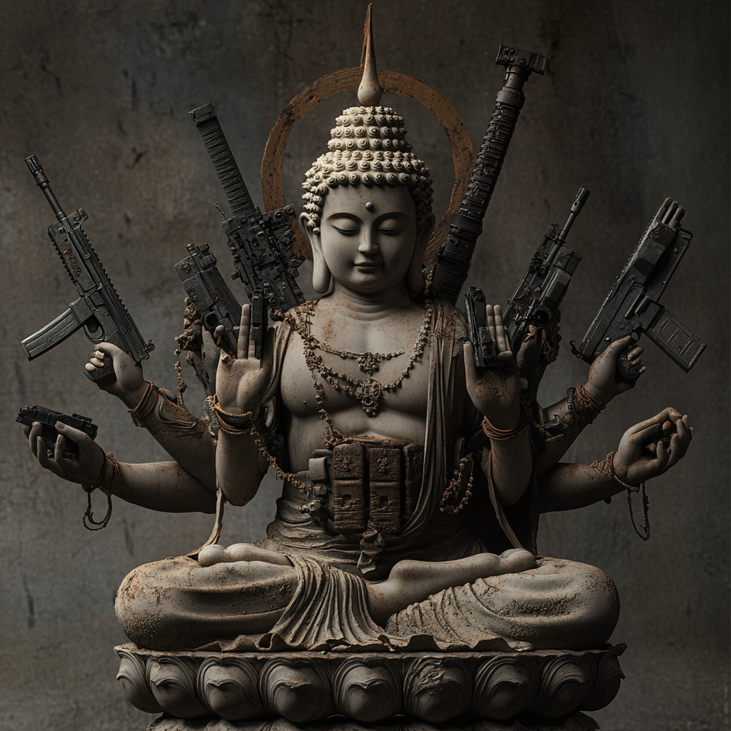 Japanese Buddha statue with multiple hands holding weapons photographed professionally.