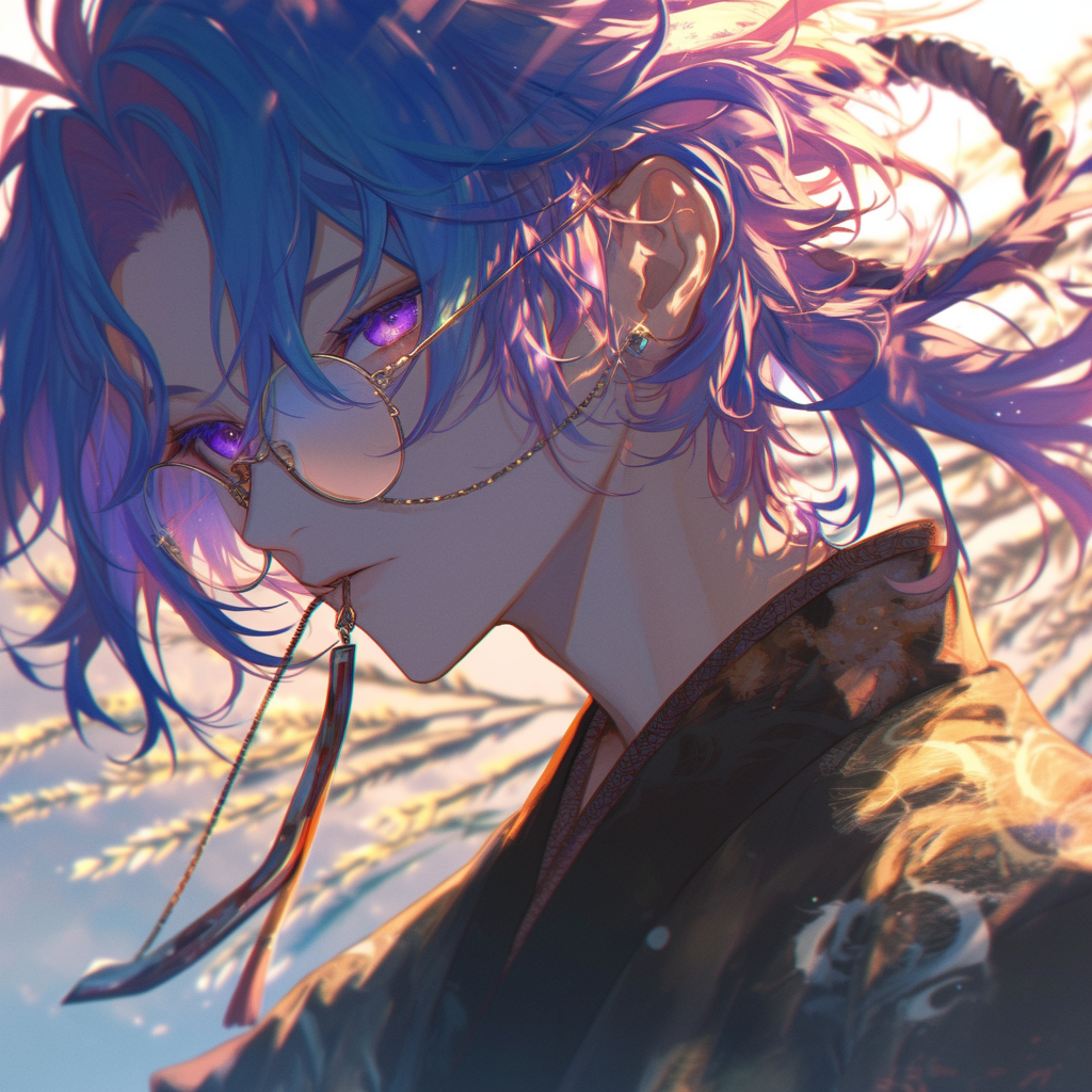 Japanese-Style Boy with Blue Hair and Purple Eyes 