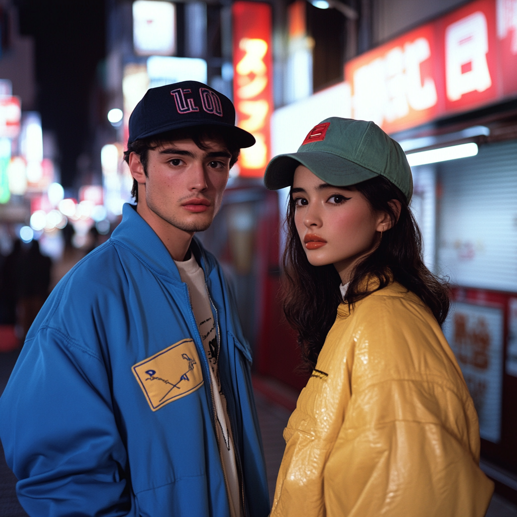 Japanese baseball inspired fall fashion line with neon lighting.