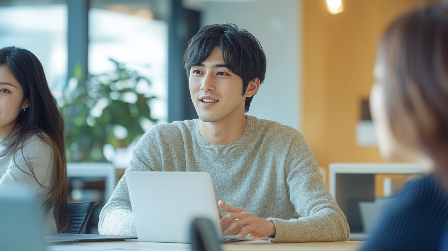 Japanese man and woman in modern office, natural lighting.