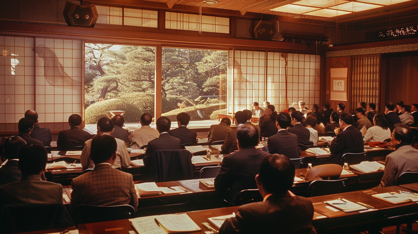 Japanese resort auditorium filled with pastors in discussion and debate.