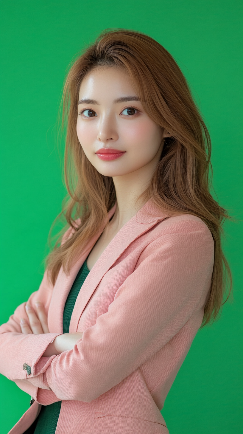 Japanese woman in pink suit with shiny foundation smile