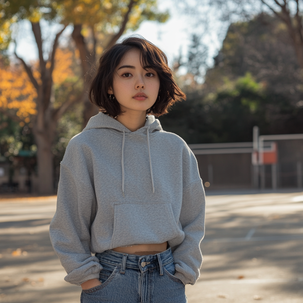 Japanese woman with short rusty hair posing outdoors.