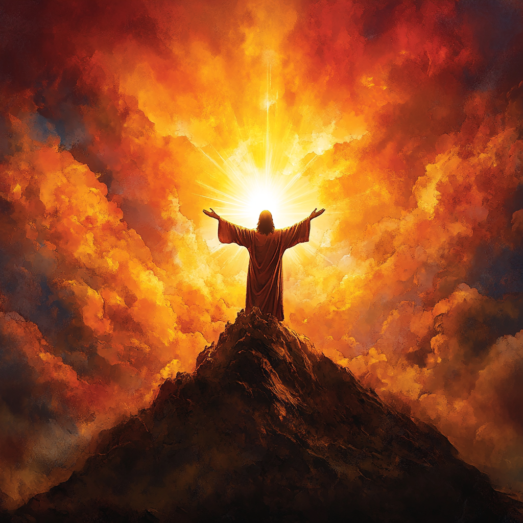 Jesus reaching towards heavenly light on serene hilltop.