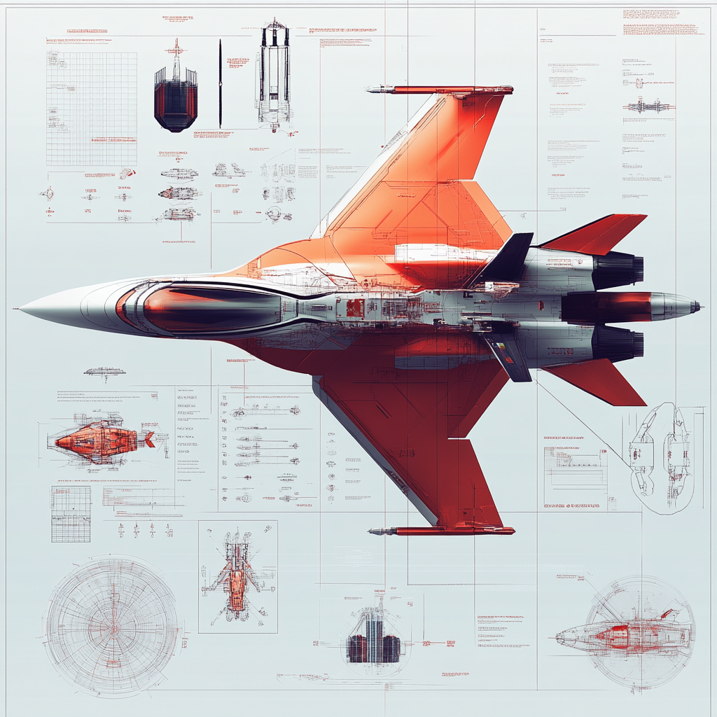 Jet fighter plane manufacturing process in sci-fi colors.