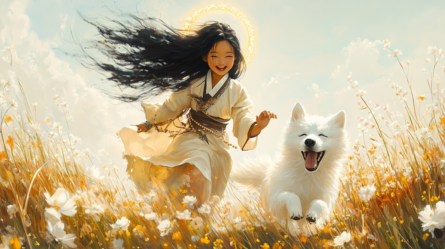 Joyful Korean girl bodhisattva with white Jindo dog