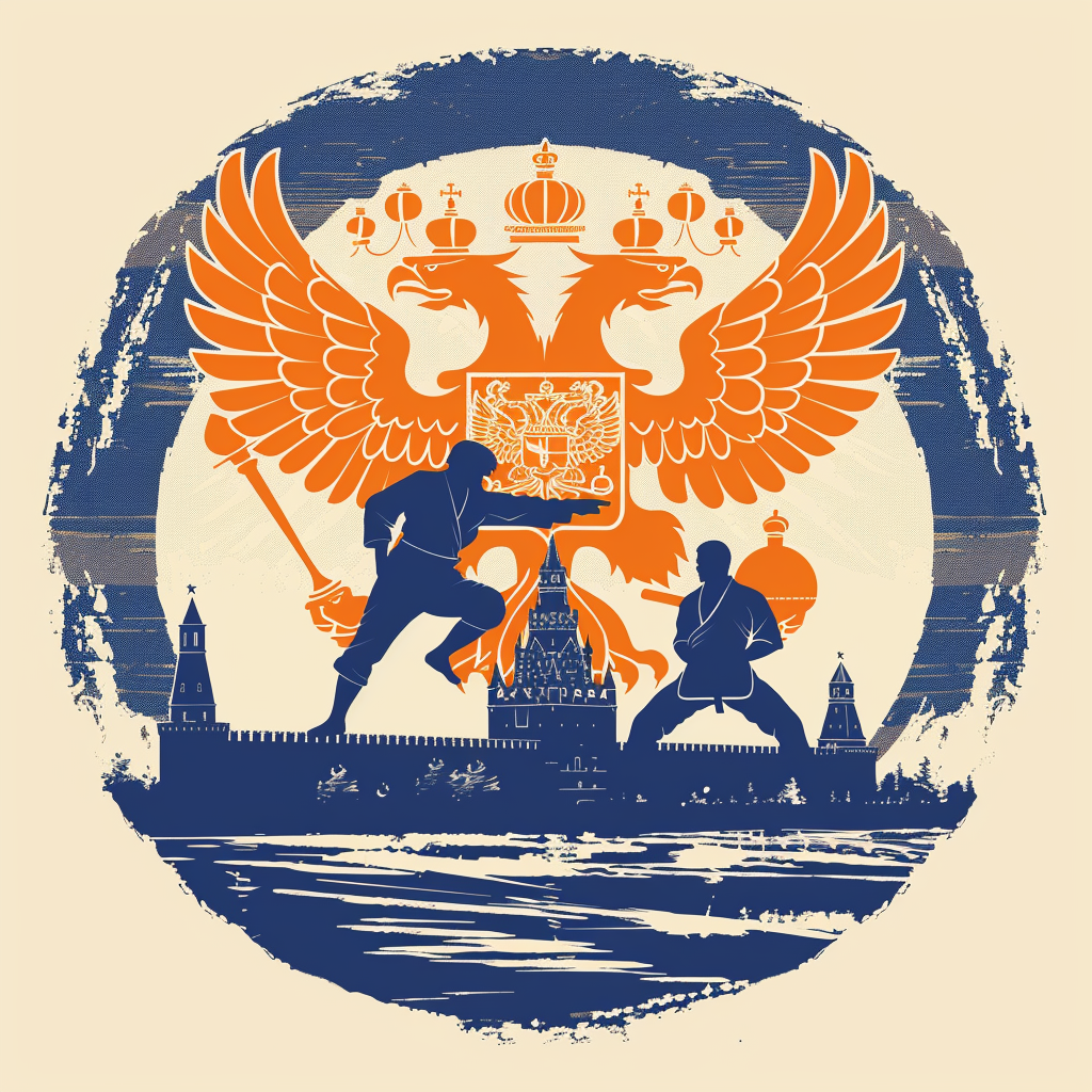 Judo club logo with military castle, eagle, river, fighters