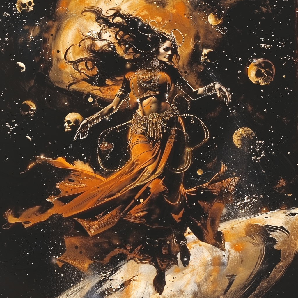 Kali dances on skull earth with planets around her.