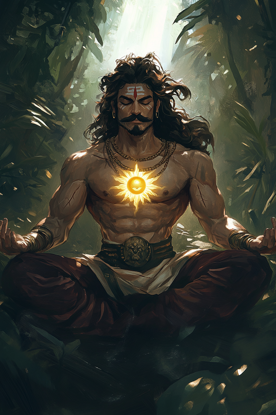 Karna meditating in jungle with sun symbol on chest.