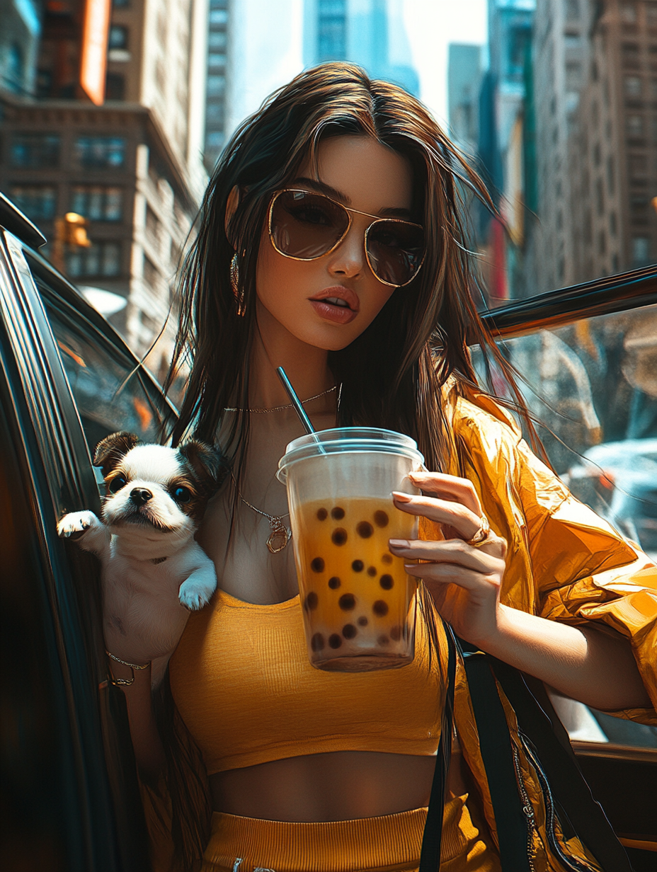 Kendall Jenner holding bubble tea and dog, realistic photo.