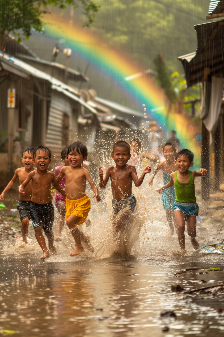 Kids having fun playing in rain with rainbow.