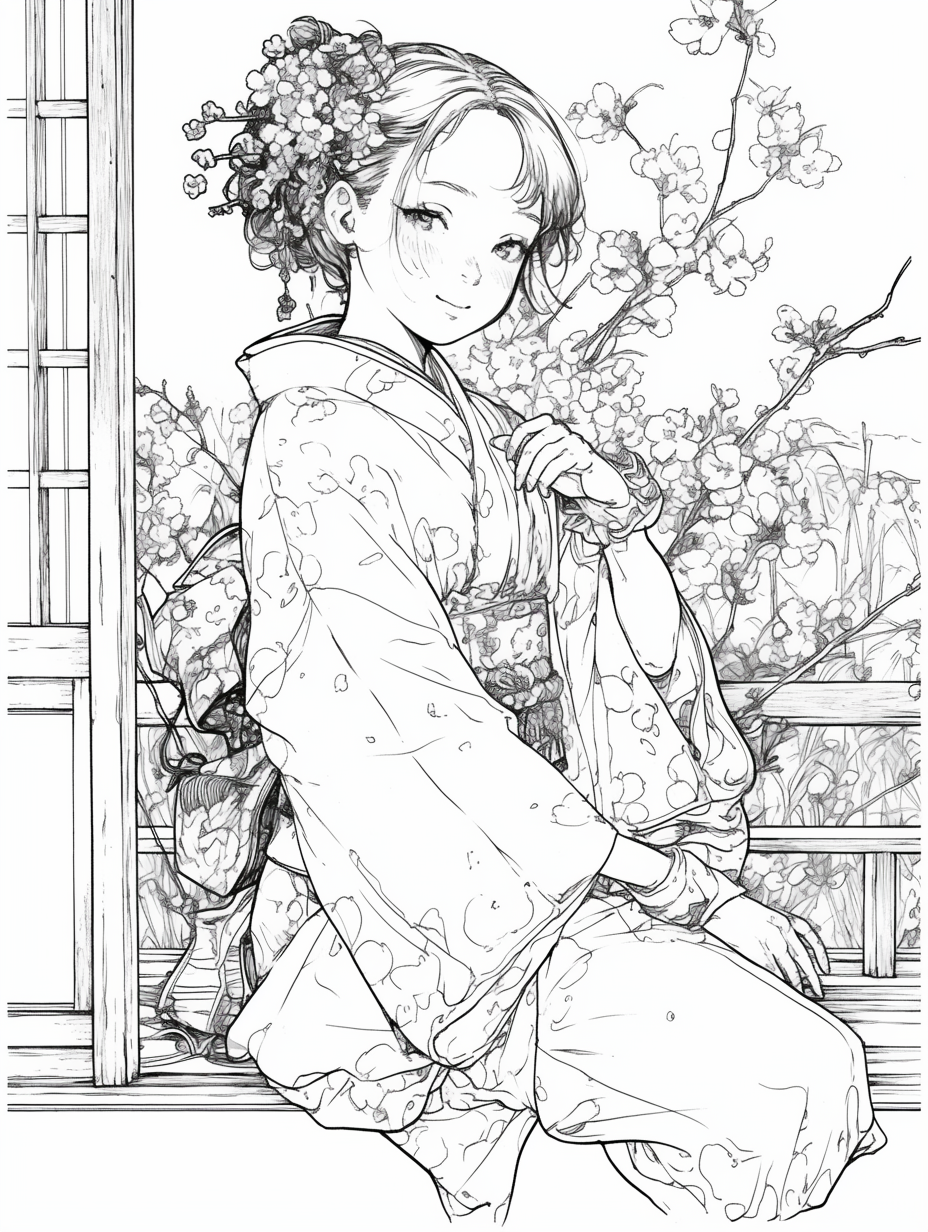 Kimono girl coloring book with thick, distinct lines smile