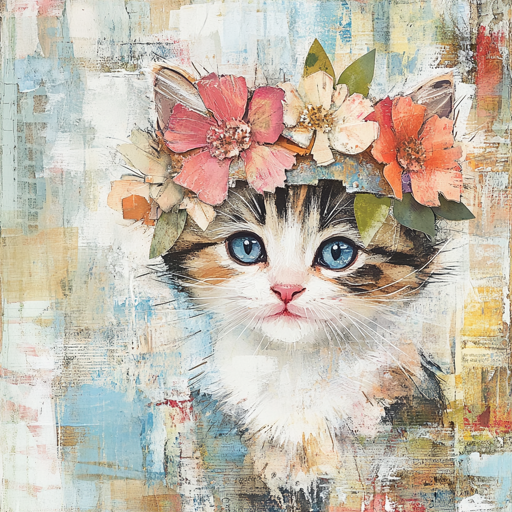 Kitten with blue eyes wearing quirky hat. Beautiful colors.