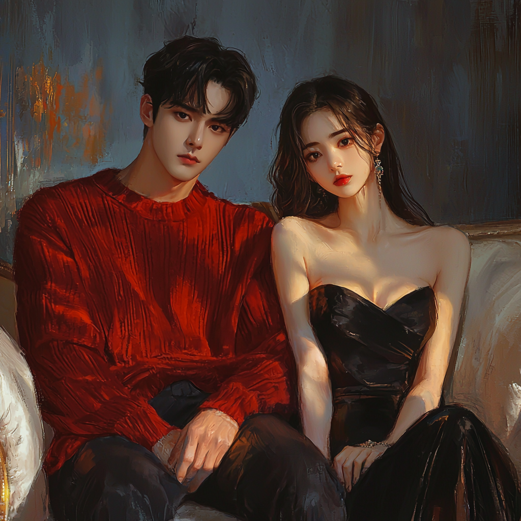 Korean man in red sweater, girl in black dress.