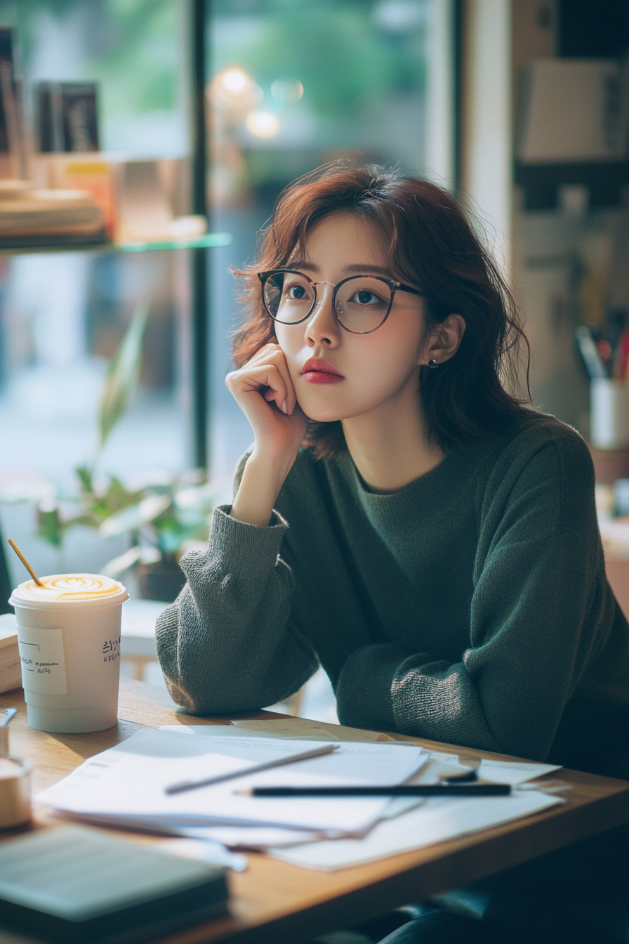 Korean teacher grading papers in Bauhaus coffee studio ambiance.