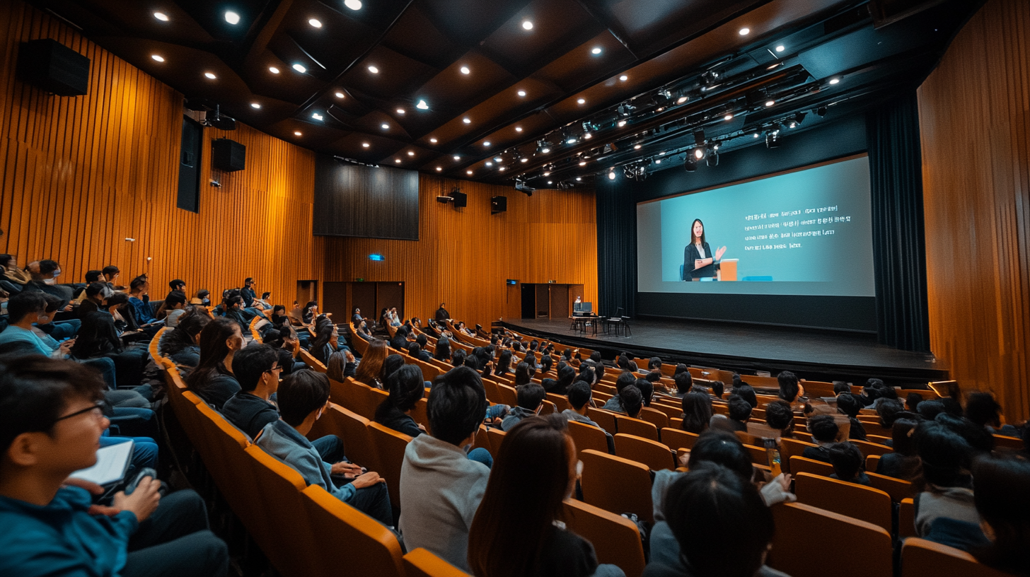 Korean woman presenting lecture in large auditorium, wide shot.