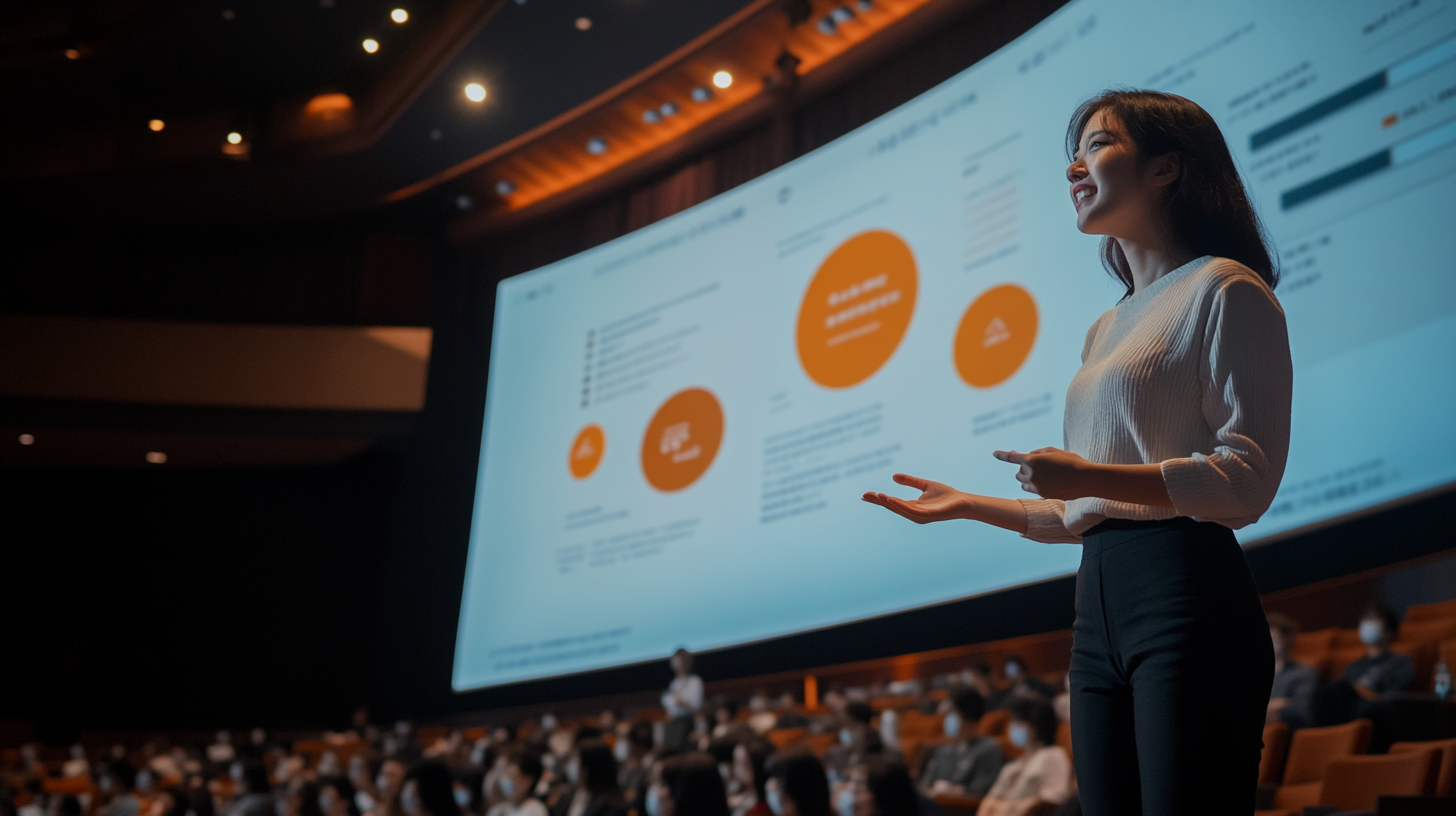 Korean woman presenting on stage, focused on expression.