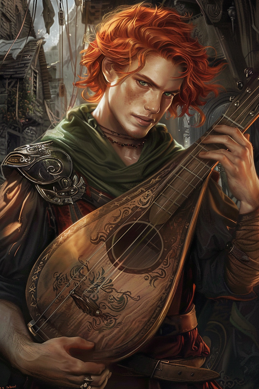 Kvothe playing lute in twilight, inn in background.