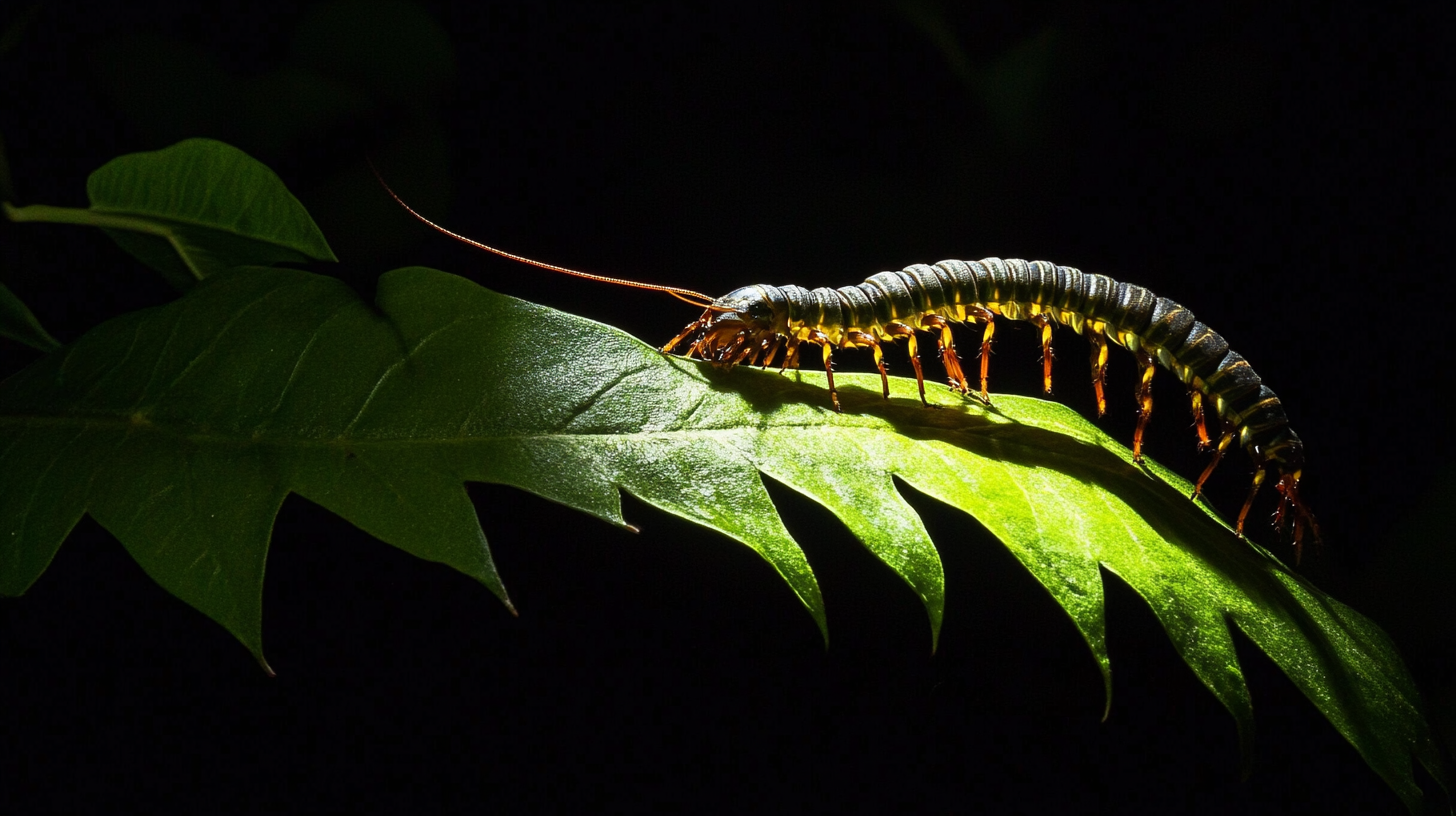 Large Hawaiian centipede silhouette crawling on antherium leaf.