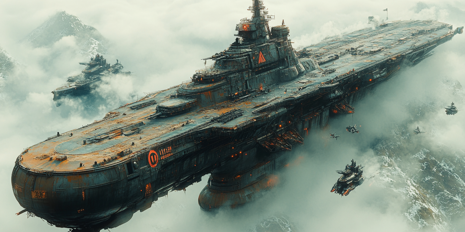 Large frigate battleship launching mechs in epic warfare scene.