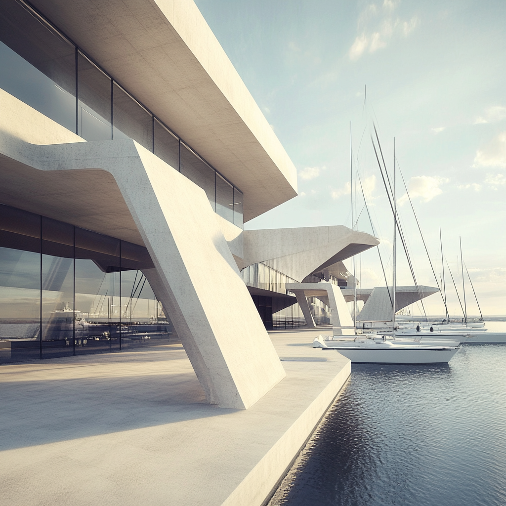 Large geometric sailing club with open spaces for socializing.