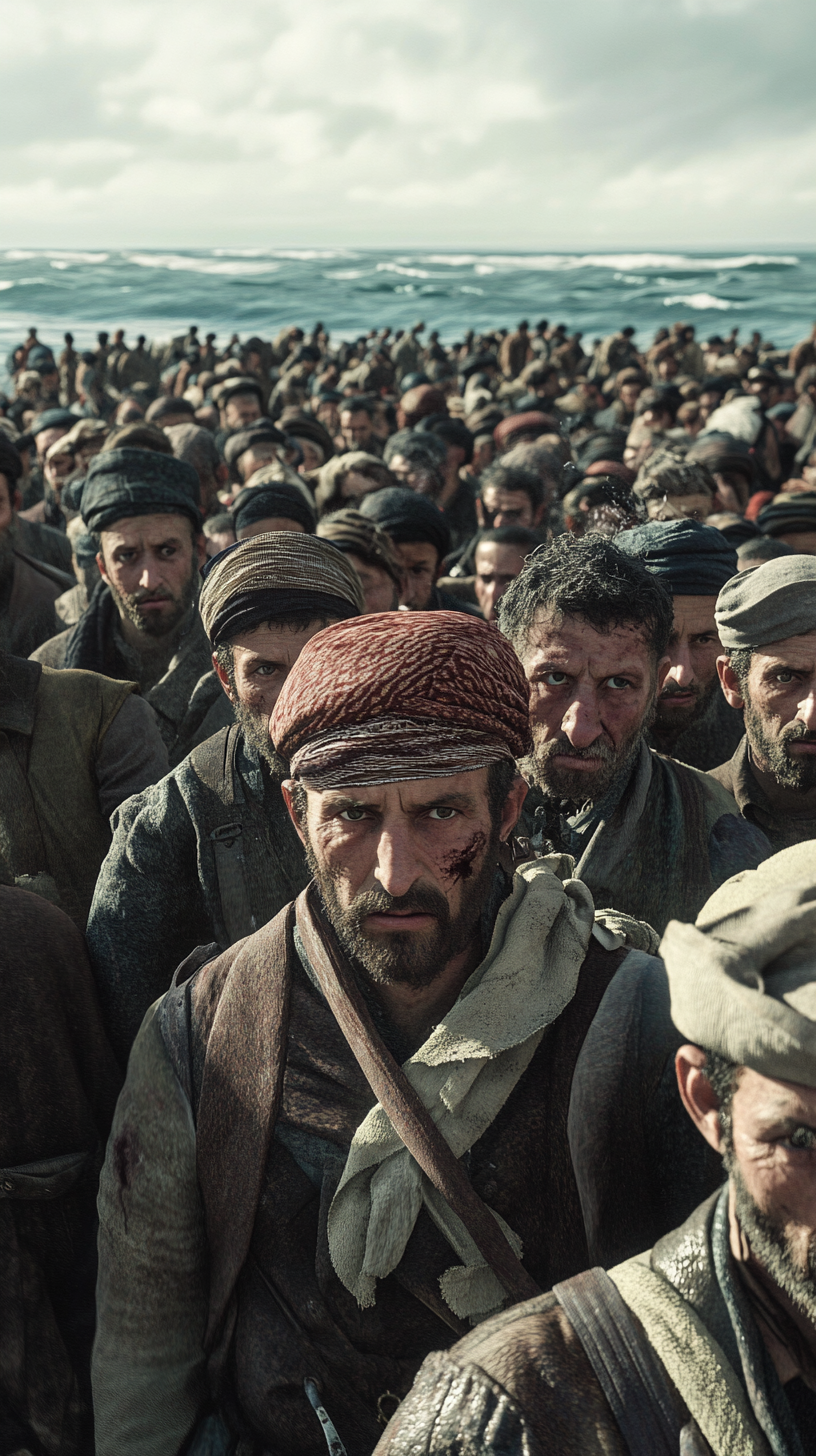 Large group of Ottoman prisoners looking weary on beach.